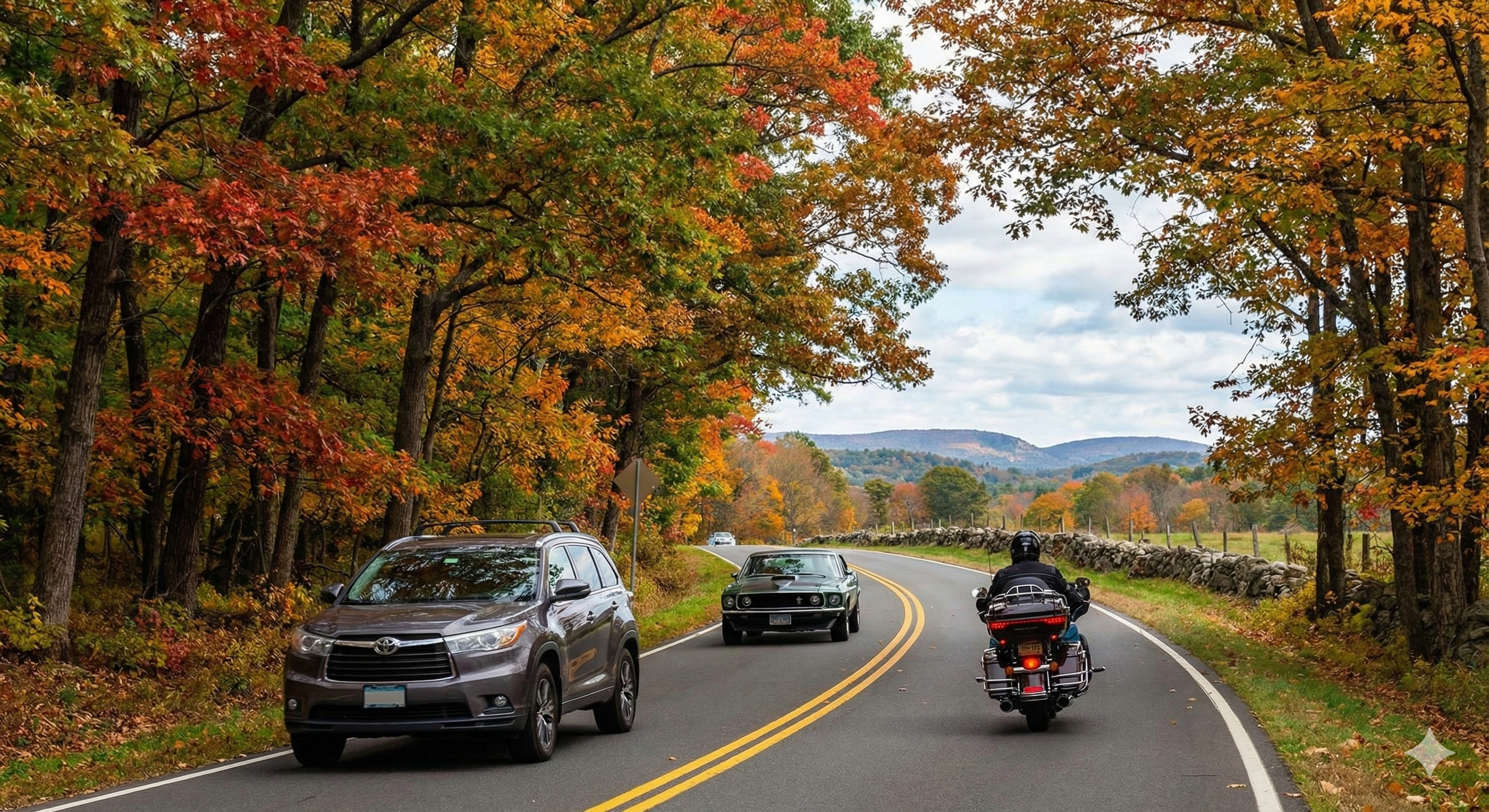 Car driving on a scenic Connecticut road