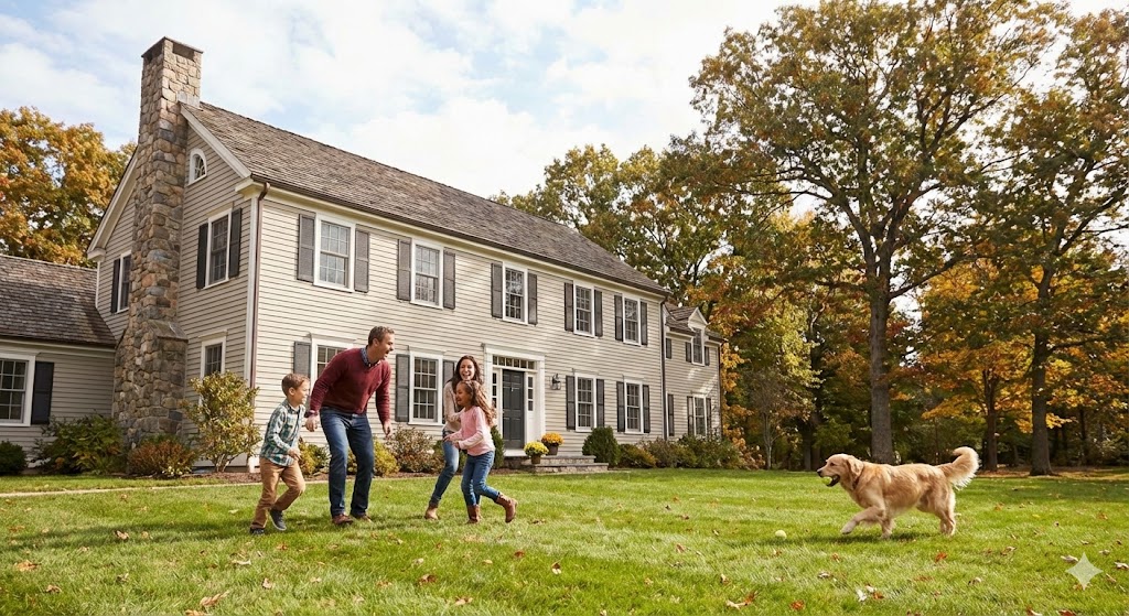 Family playing in front of their home in Connecticut